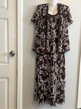 Studio I Brown and Cream Floral Maxi Dress with Coordinating Jacket